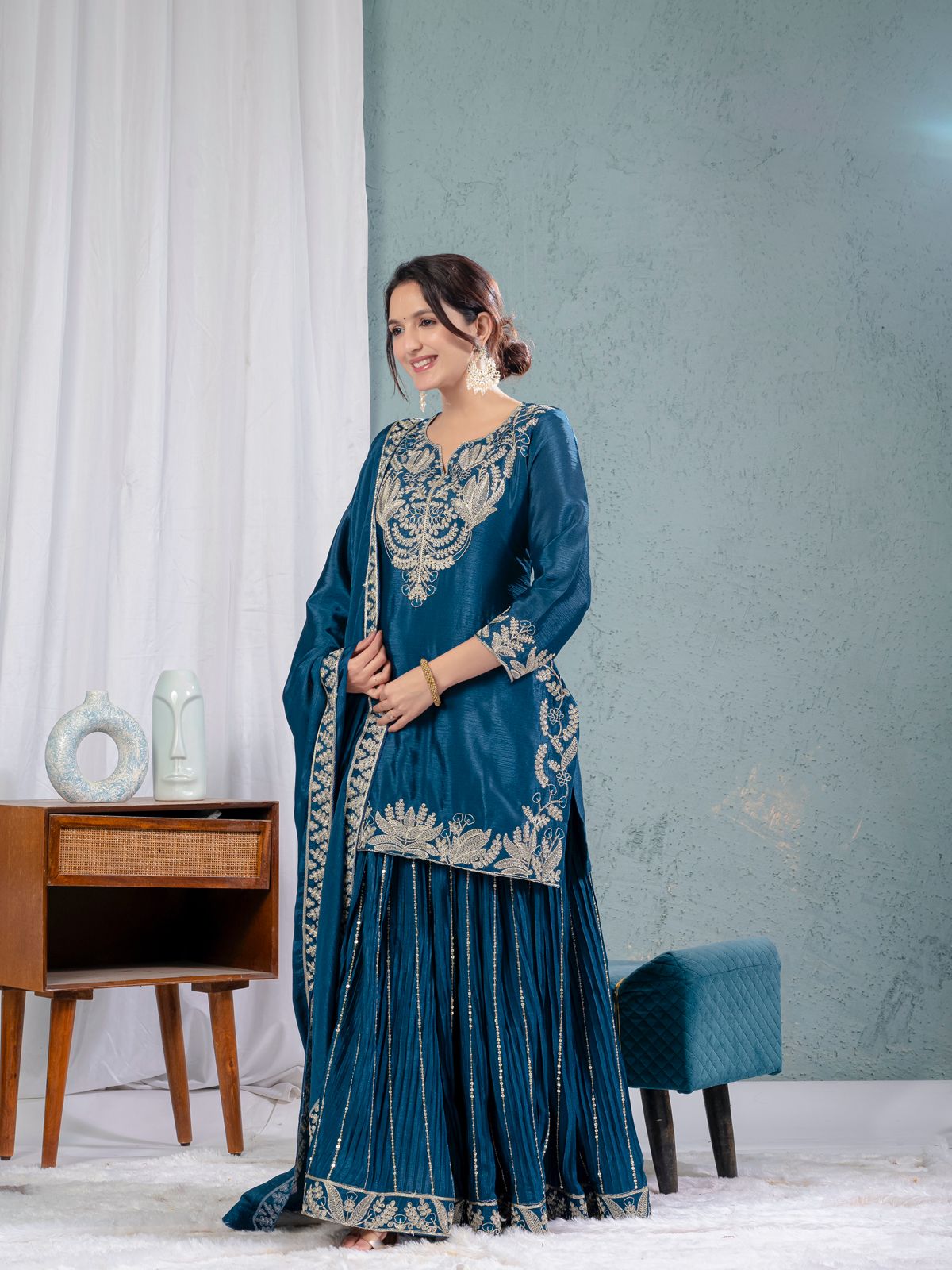Luxuriant Teal Blue Color Pure Heavy Chinon Silk With Heavy Embroidery Coding Sequence Work Sharara Suit