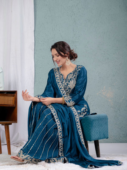 Luxuriant Teal Blue Color Pure Heavy Chinon Silk With Heavy Embroidery Coding Sequence Work Sharara Suit
