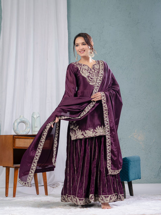 Luxuriant Purple Color Pure Heavy Chinon Silk With Heavy Embroidery Coding Sequence Work Sharara Suit