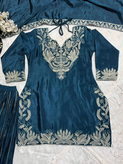 Luxuriant Teal Blue Color Pure Heavy Chinon Silk With Heavy Embroidery Coding Sequence Work Sharara Suit