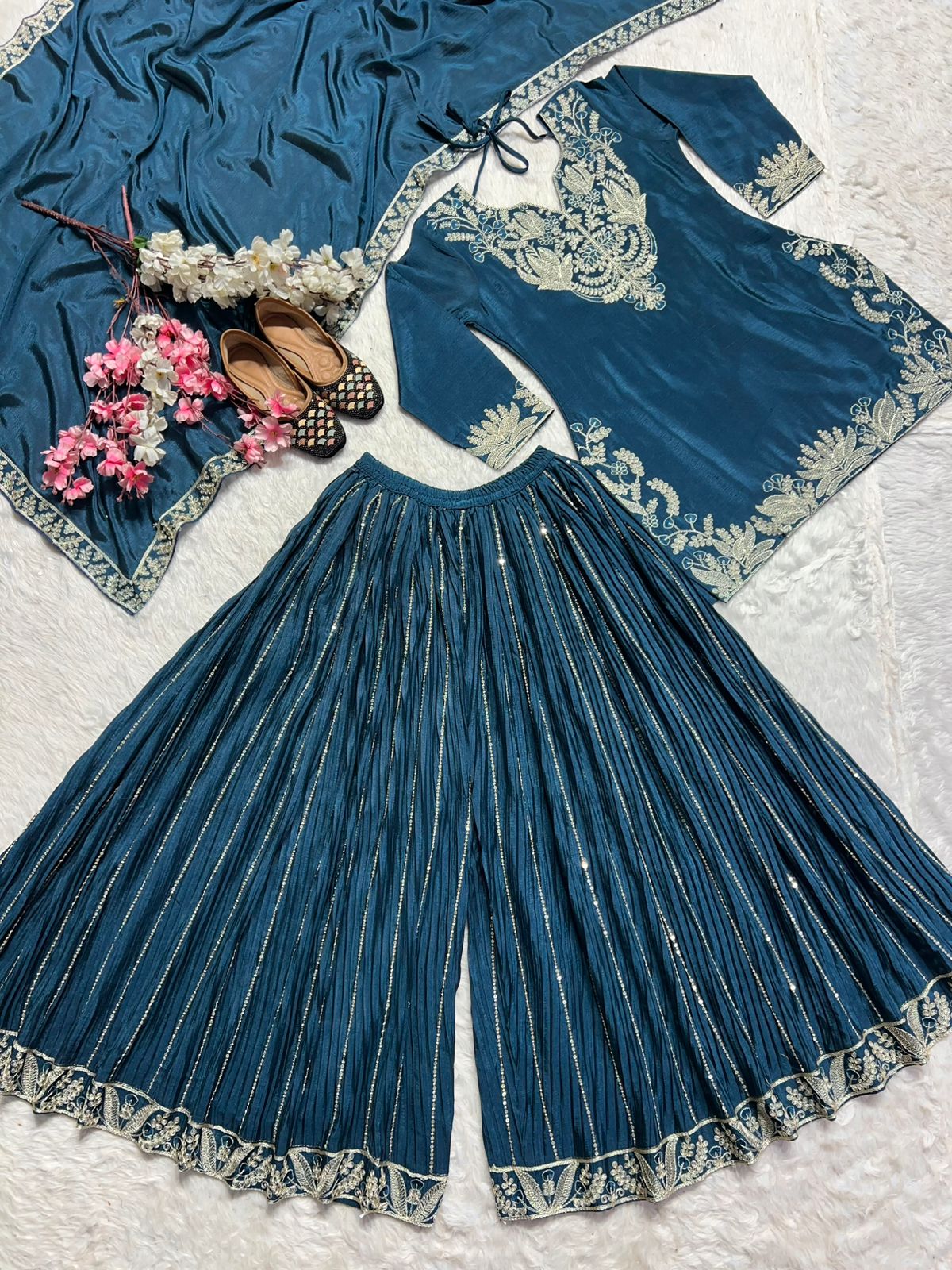 Luxuriant Teal Blue Color Pure Heavy Chinon Silk With Heavy Embroidery Coding Sequence Work Sharara Suit