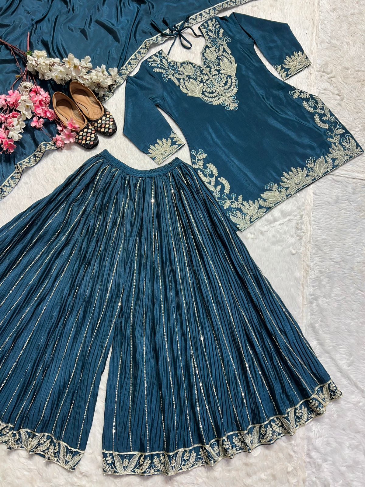 Luxuriant Teal Blue Color Pure Heavy Chinon Silk With Heavy Embroidery Coding Sequence Work Sharara Suit