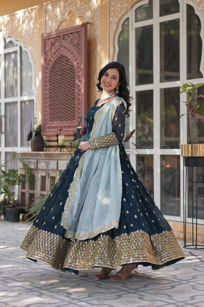 Party Wear Teal Green Color Faux Blooming With Embroidery Zari Sequin Work Designer Gown