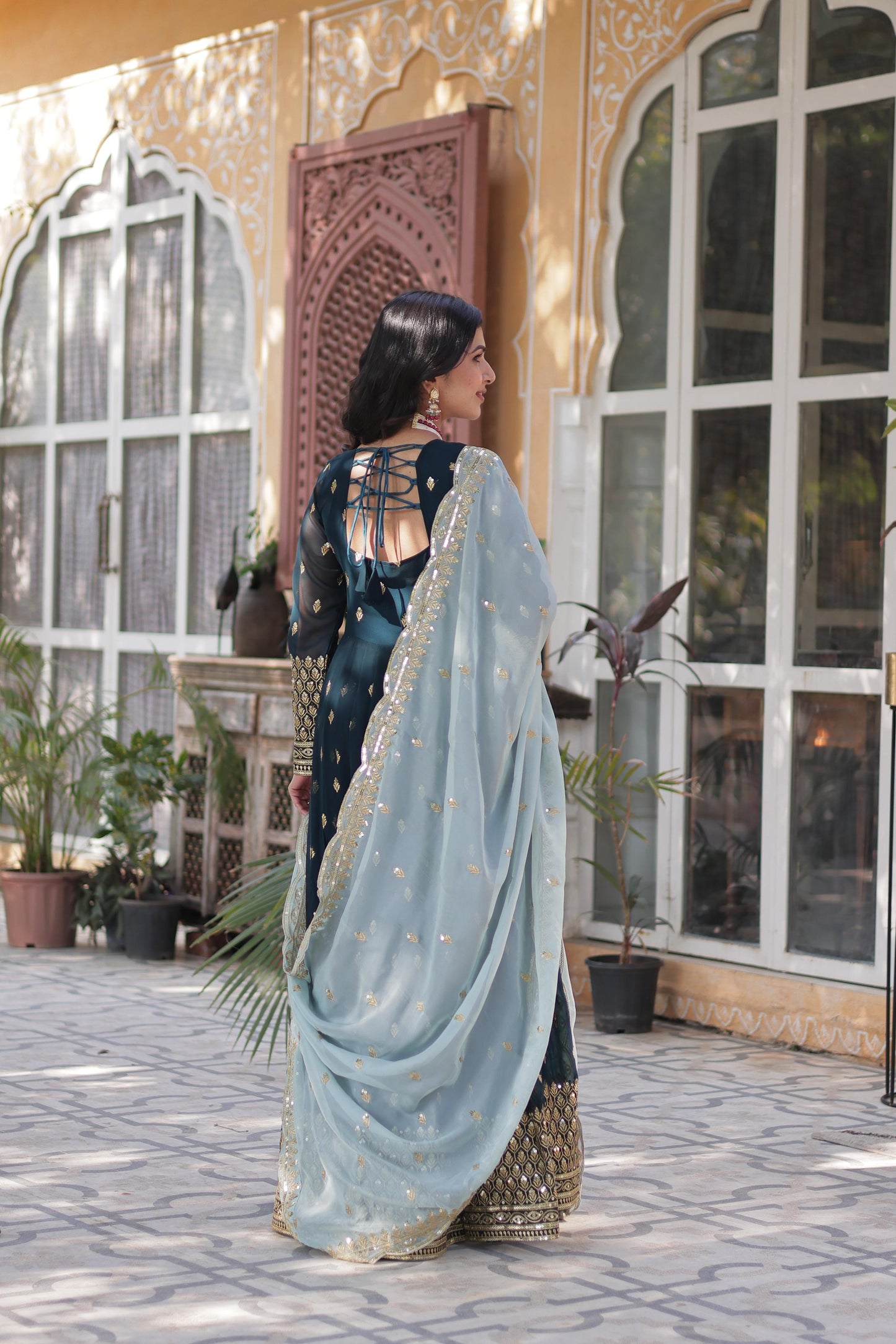 Party Wear Teal Green Color Faux Blooming With Embroidery Zari Sequin Work Designer Gown