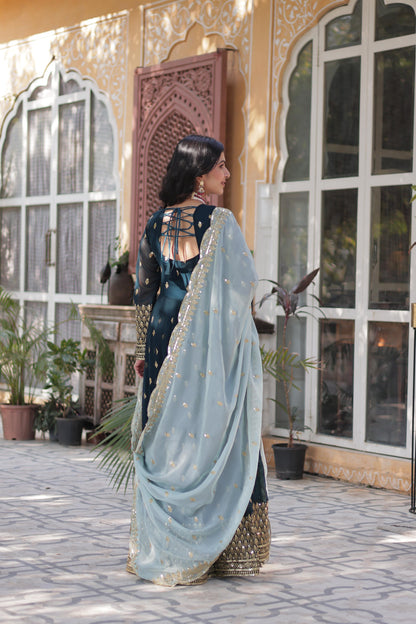 Party Wear Teal Green Color Faux Blooming With Embroidery Zari Sequin Work Designer Gown