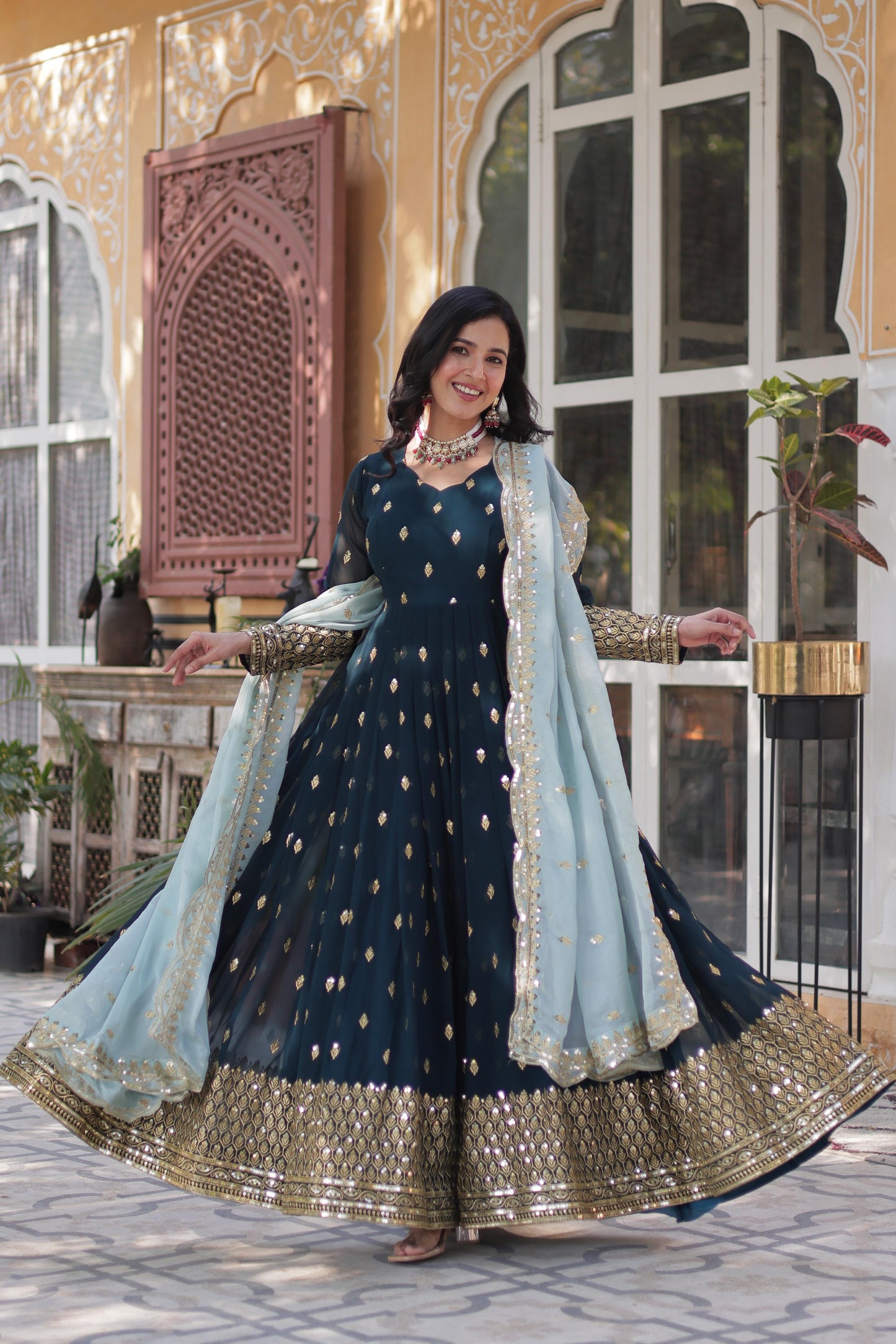 Party Wear Teal Green Color Faux Blooming With Embroidery Zari Sequin Work Designer Gown