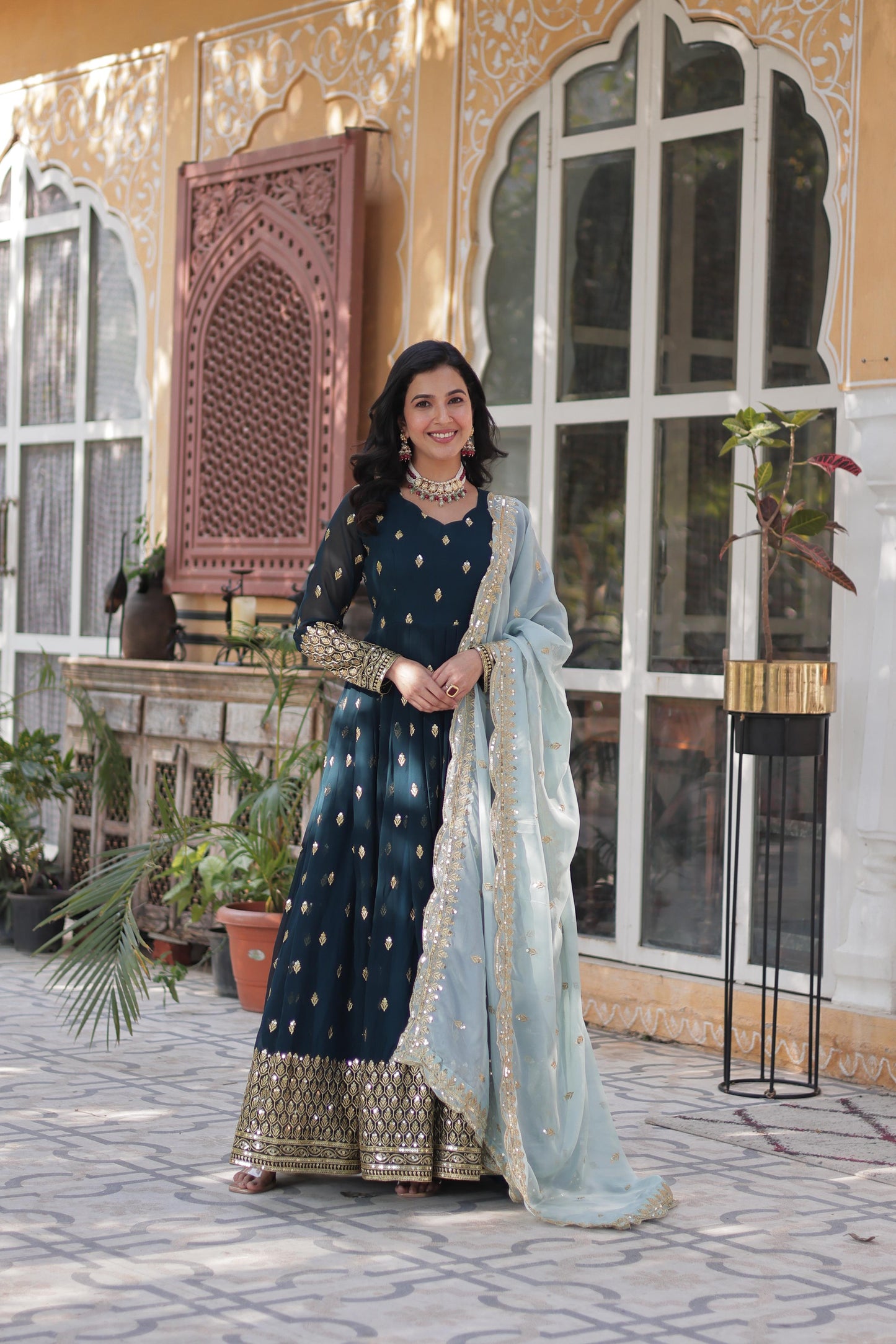 Party Wear Teal Green Color Faux Blooming With Embroidery Zari Sequin Work Designer Gown