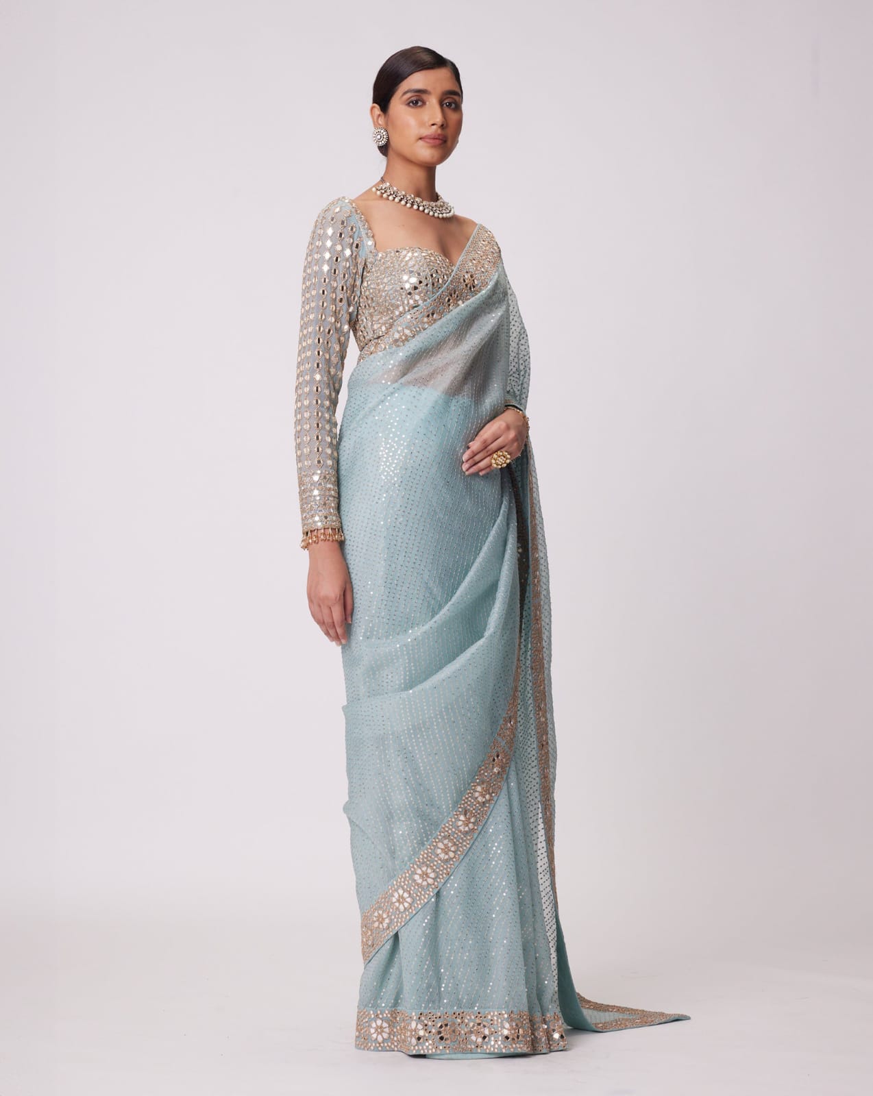 Good Looking Original Mirror Sequence Work Sky Blue Color Saree