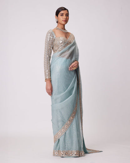Good Looking Original Mirror Sequence Work Sky Blue Color Saree