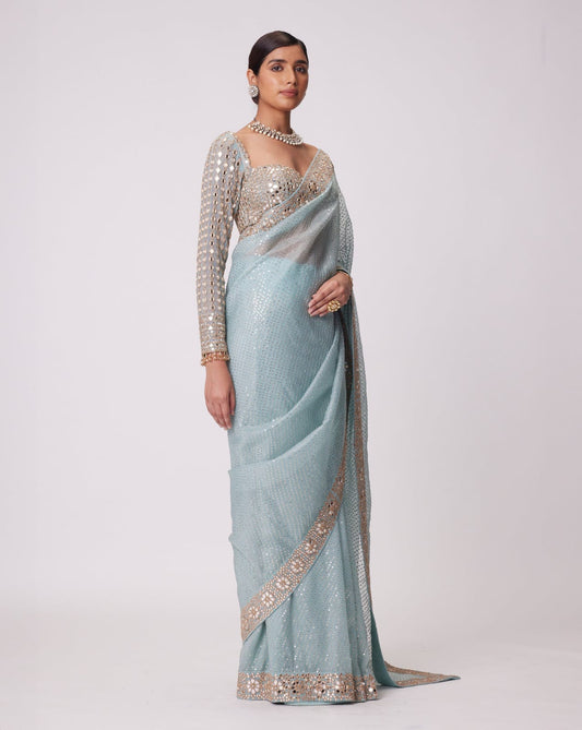 Good Looking Original Mirror Sequence Work Sky Blue Color Saree