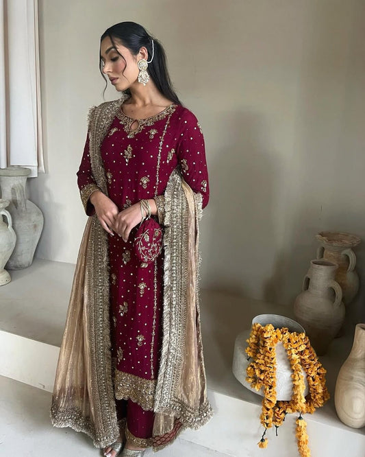 Outstanding Georgette Maroon Color Salwar Suit