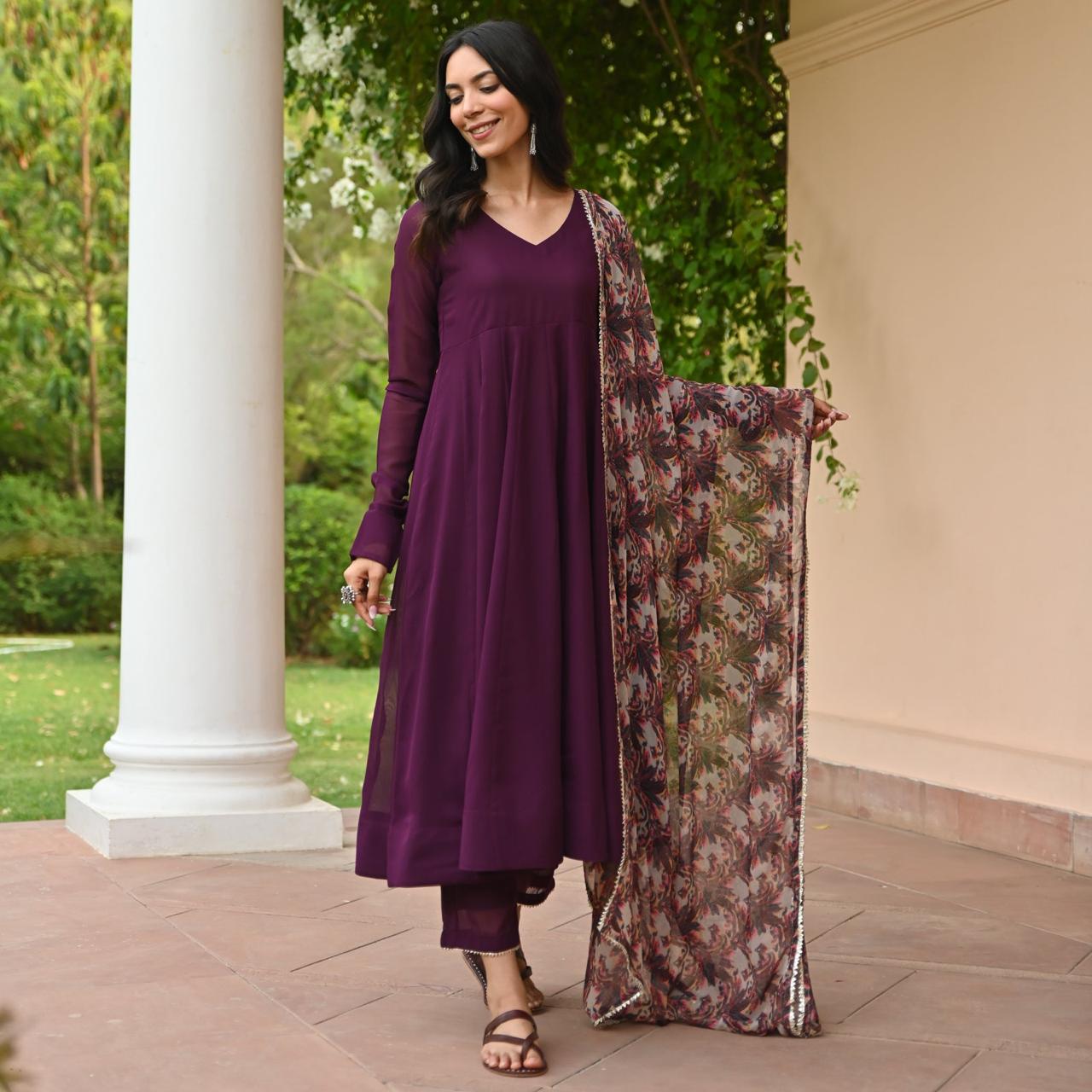 Delightful Georgette Wine Color Gown