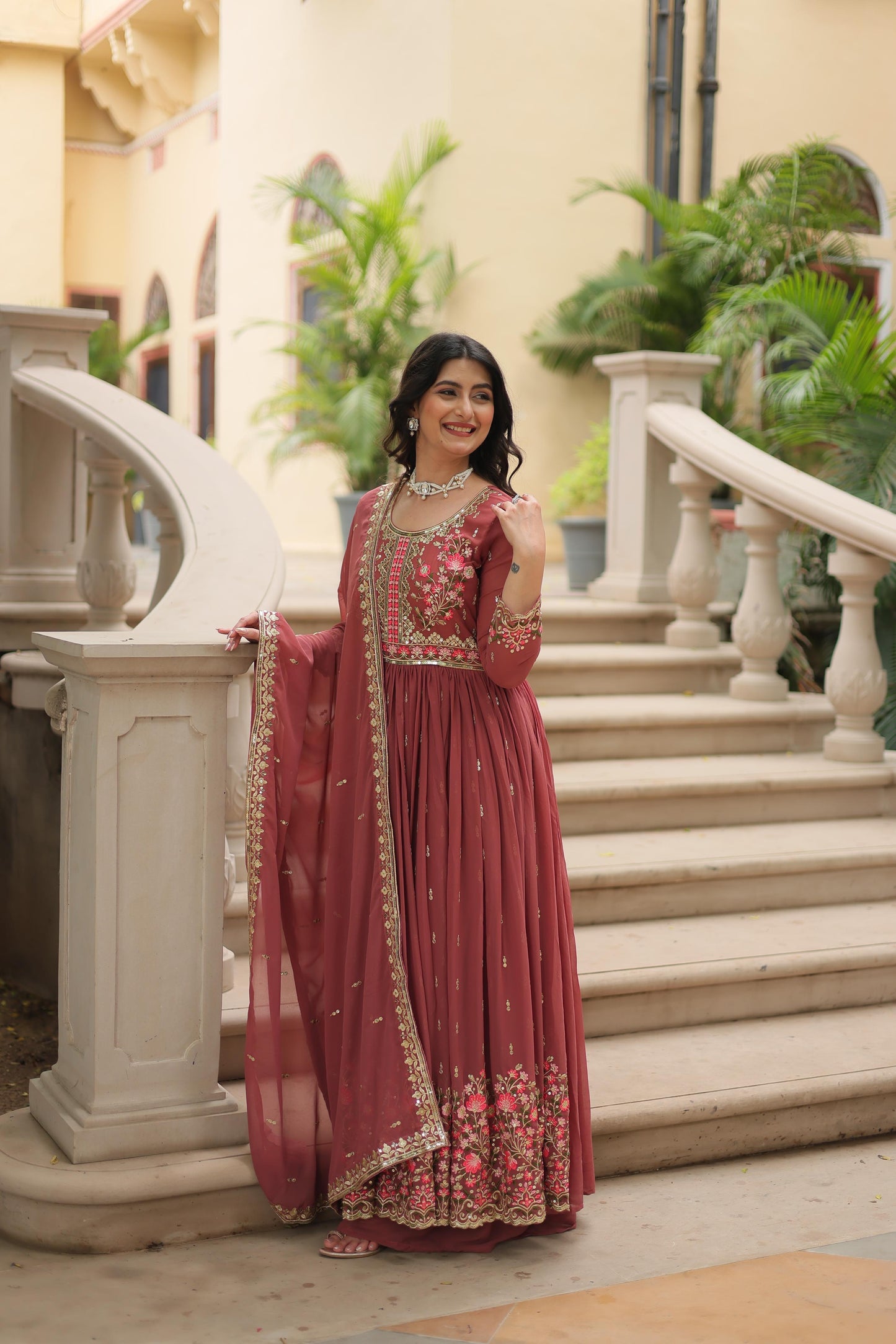 Stunning Peach Color Faux Georgette With Rich Sequins Embroidered Work Kurti With Sharara