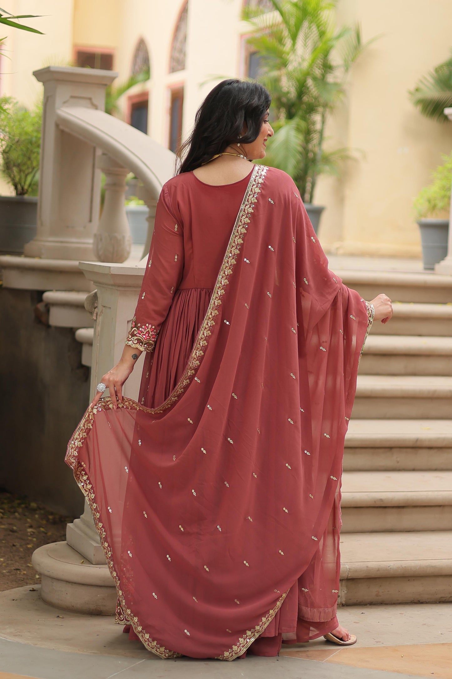 Stunning Peach Color Faux Georgette With Rich Sequins Embroidered Work Kurti With Sharara