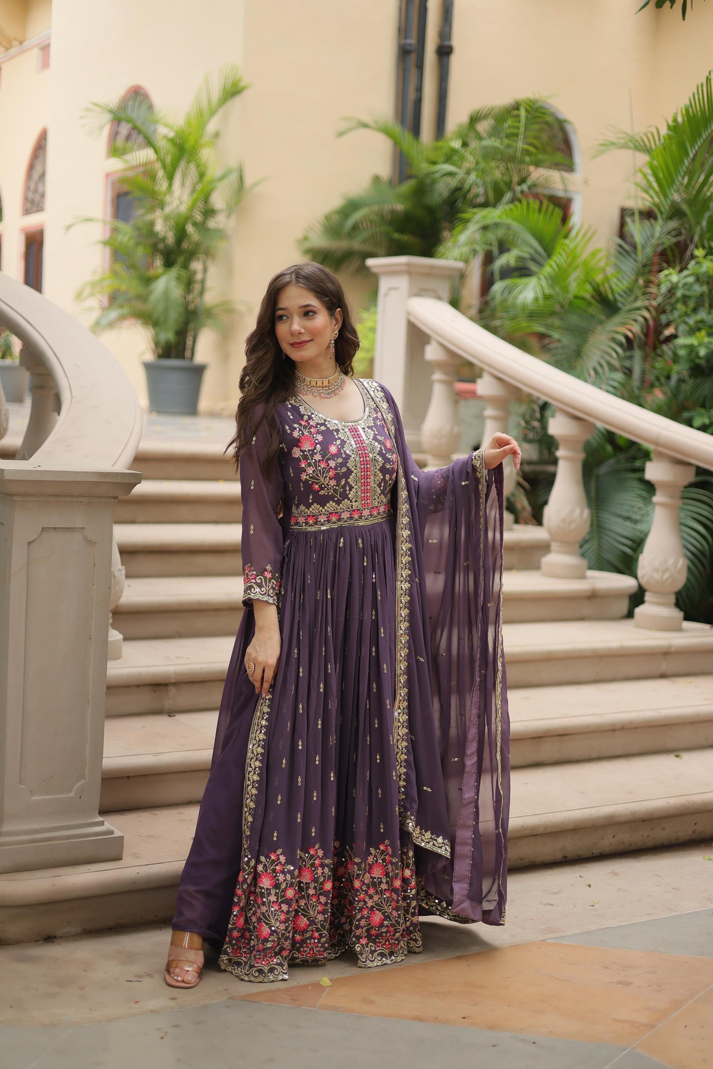 Stunning  Purple Color Faux Georgette With Rich Sequins Embroidered Work Kurti With Sharara