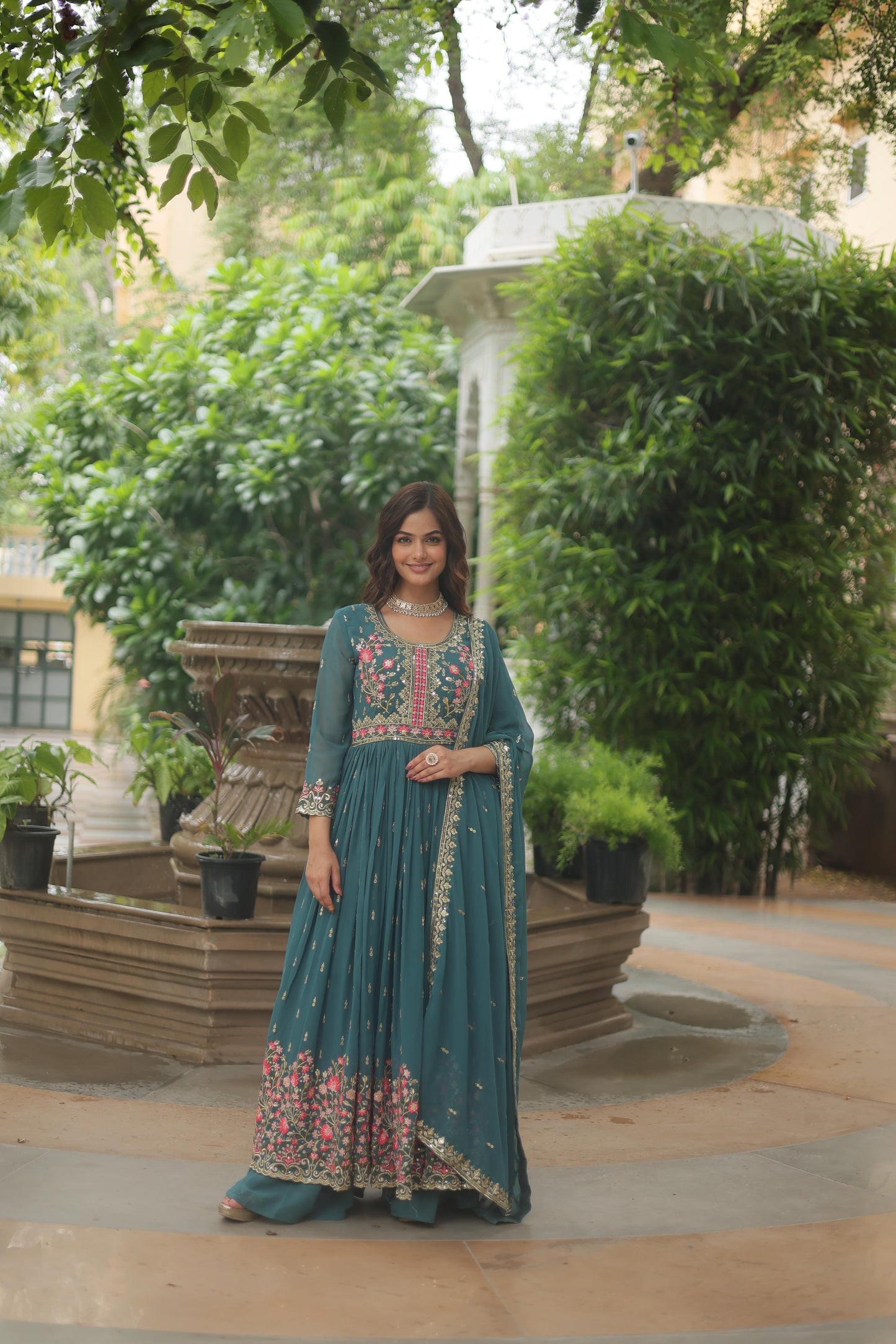 Stunning Teal Green Color Faux Georgette With Rich Sequins Embroidered Work Kurti With Sharara