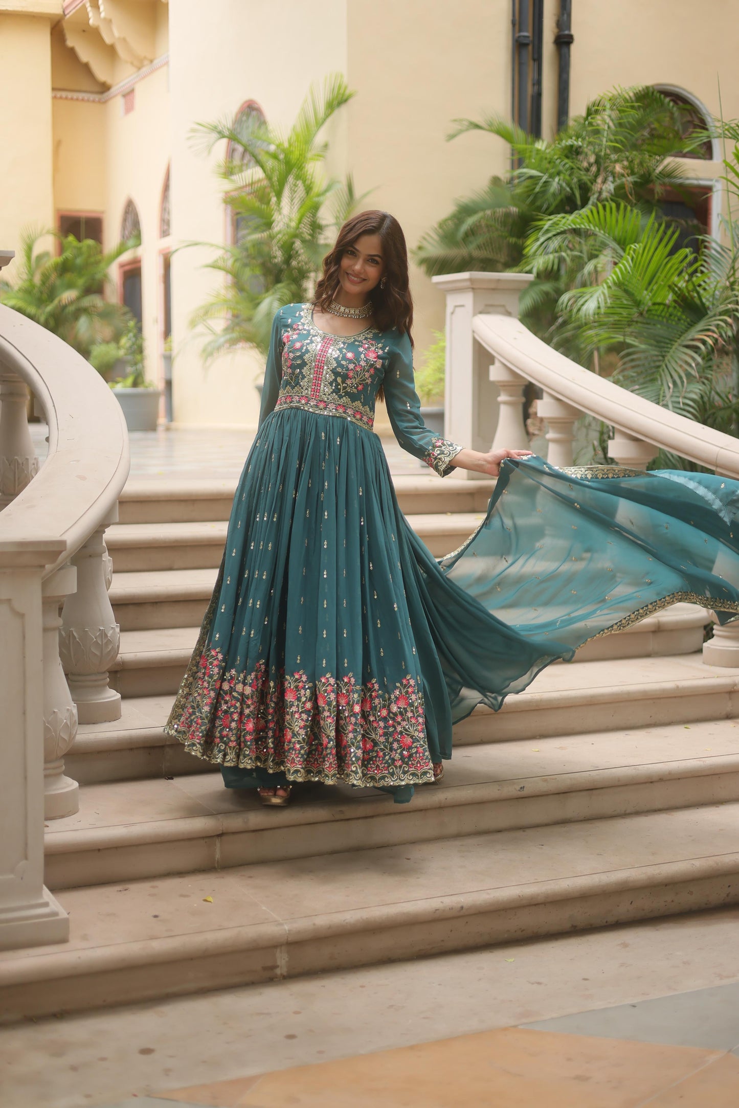 Stunning Teal Green Color Faux Georgette With Rich Sequins Embroidered Work Kurti With Sharara