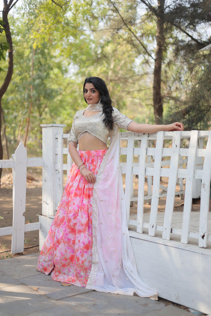 Occasion Wear Baby Pink Color Digital Printed Faux Georgette With Heavy Sequins Thread Embroidered Work Lehenga Choli