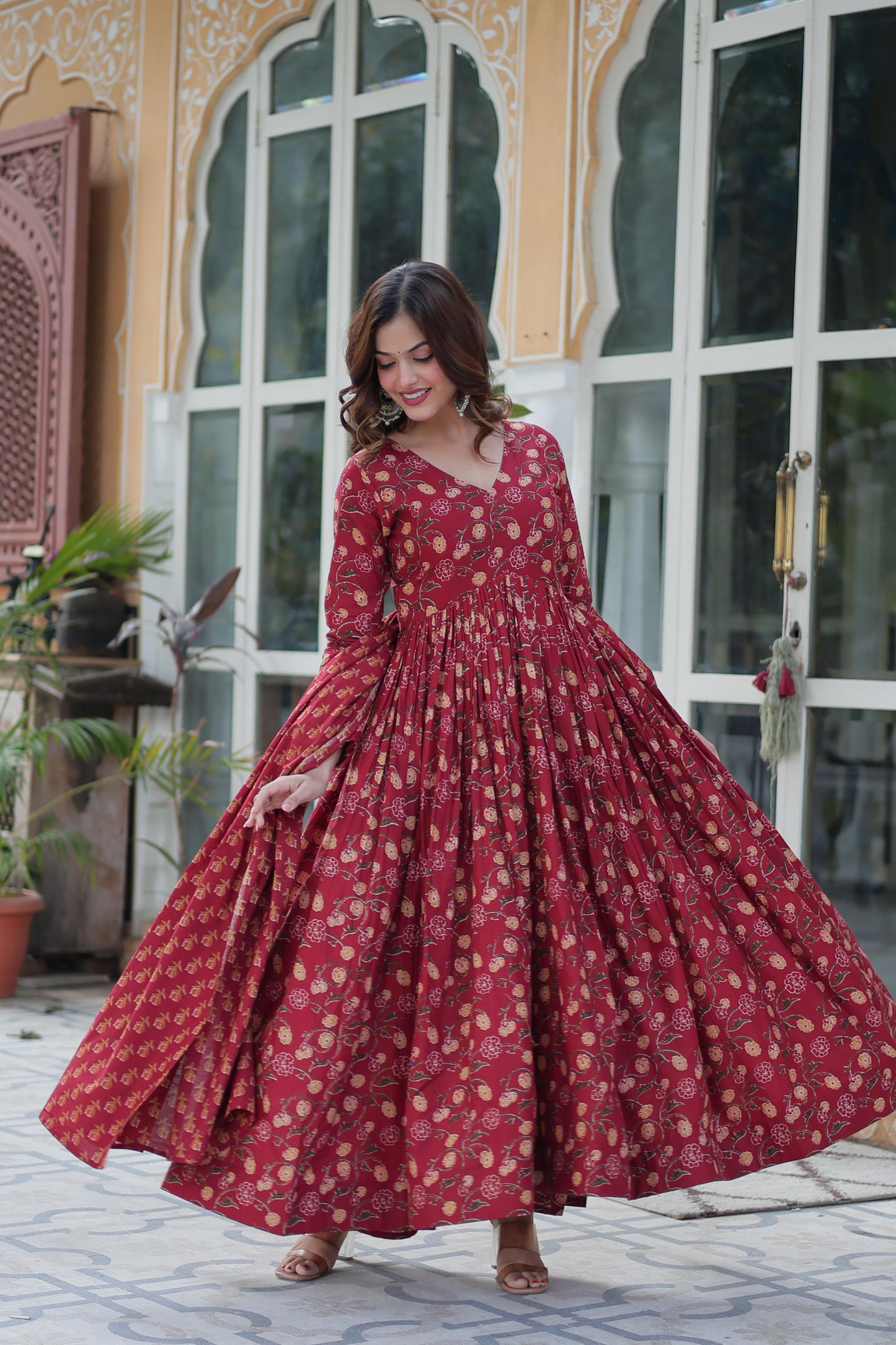 Delightful Maroon Color Pure Cotton Fancy V Neck Designer Anarkali Suit