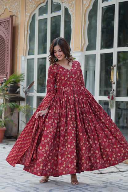 Delightful Maroon Color Pure Cotton Fancy V Neck Designer Anarkali Suit
