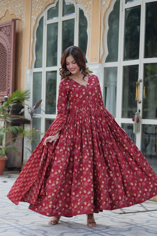 Delightful Maroon Color Pure Cotton Fancy V Neck Designer Anarkali Suit