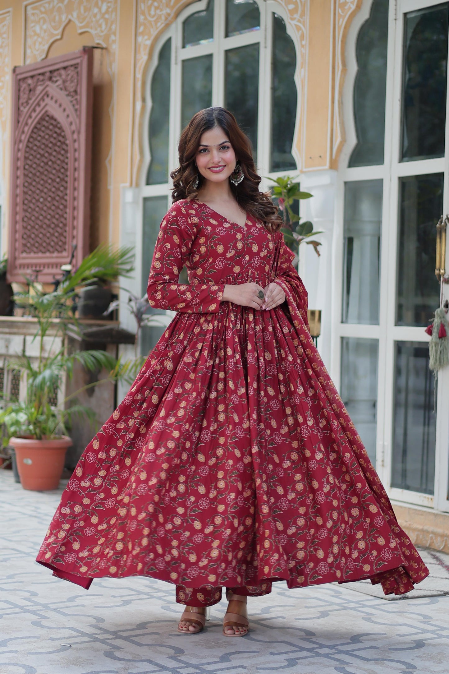 Delightful Maroon Color Pure Cotton Fancy V Neck Designer Anarkali Suit