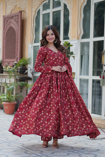 Delightful Maroon Color Pure Cotton Fancy V Neck Designer Anarkali Suit