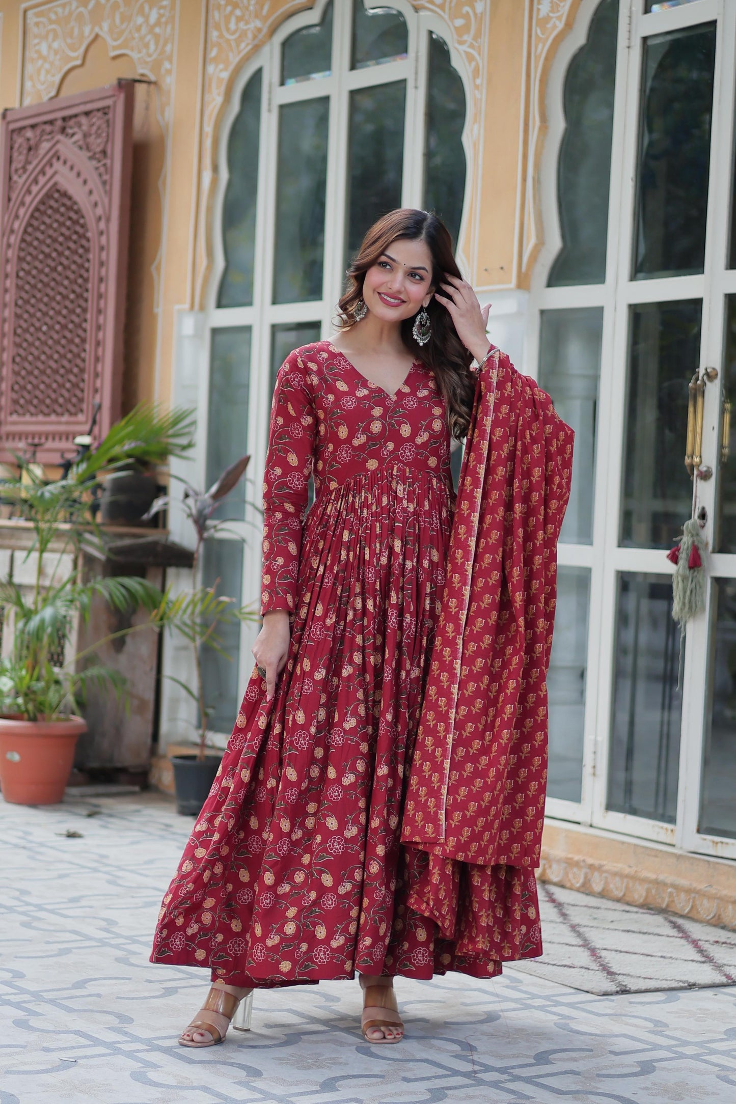 Delightful Maroon Color Pure Cotton Fancy V Neck Designer Anarkali Suit