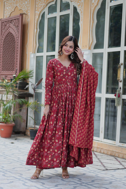 Delightful Maroon Color Pure Cotton Fancy V Neck Designer Anarkali Suit