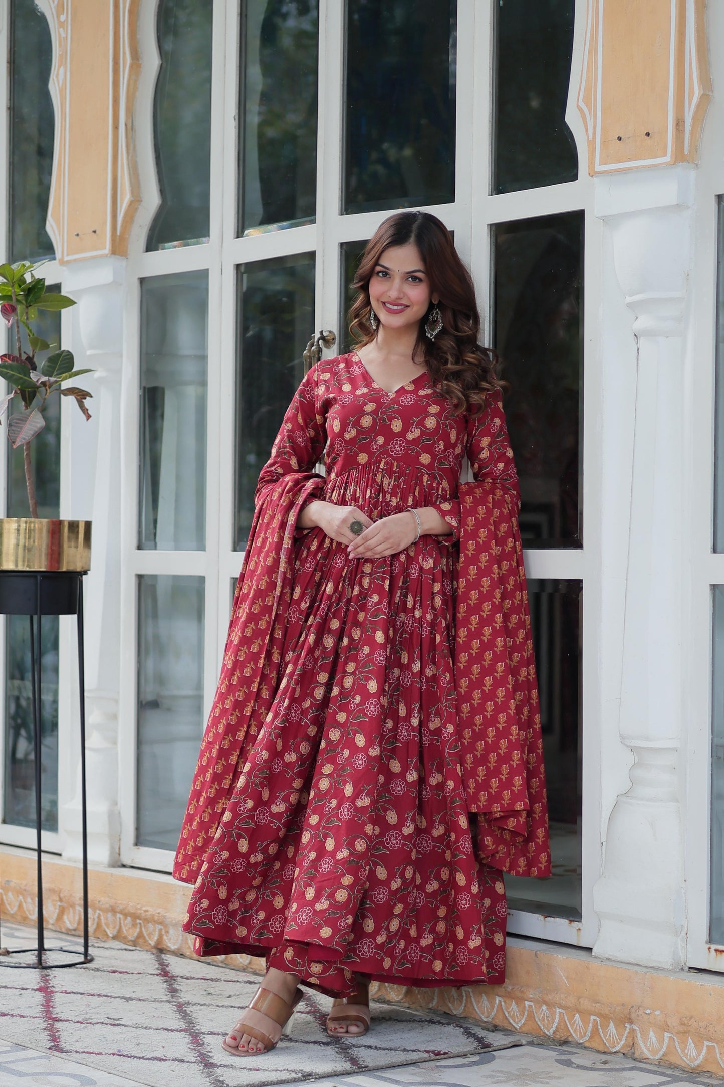 Delightful Maroon Color Pure Cotton Fancy V Neck Designer Anarkali Suit