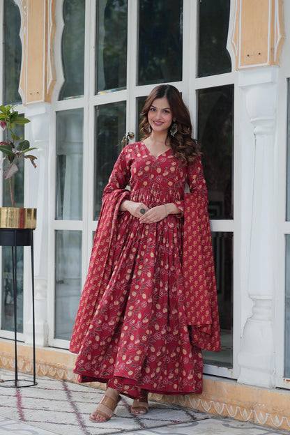 Delightful Maroon Color Pure Cotton Fancy V Neck Designer Anarkali Suit