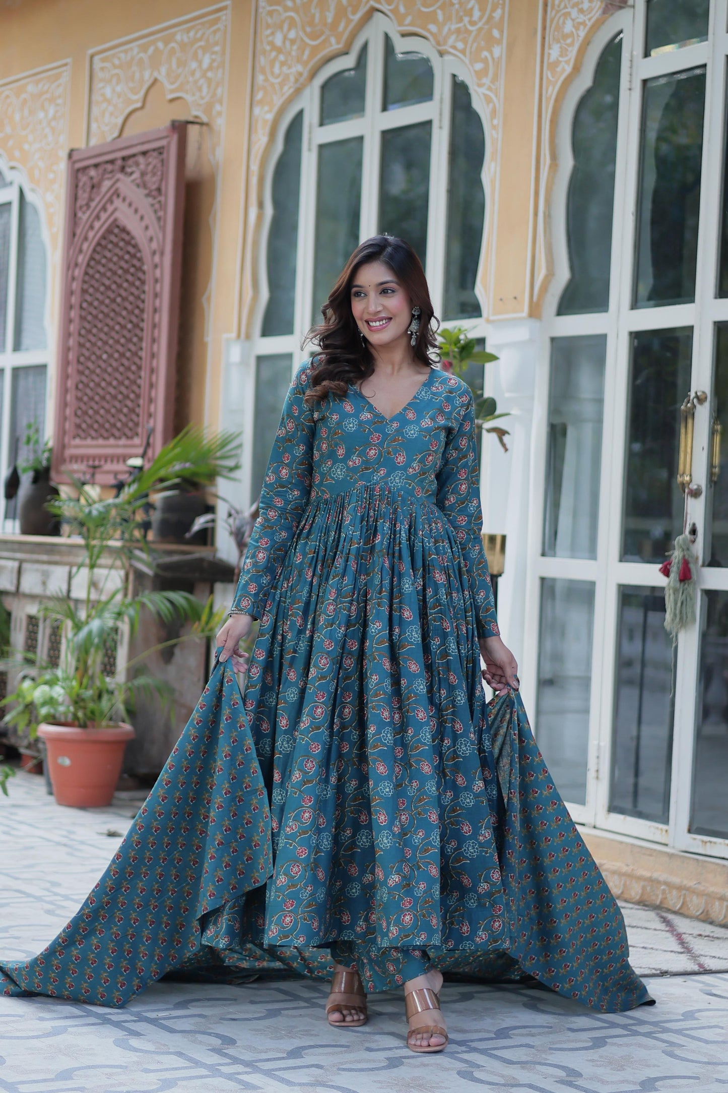 Delightful Sky Blue Color Pure Cotton Fancy V Neck Designer Anarkali Suit