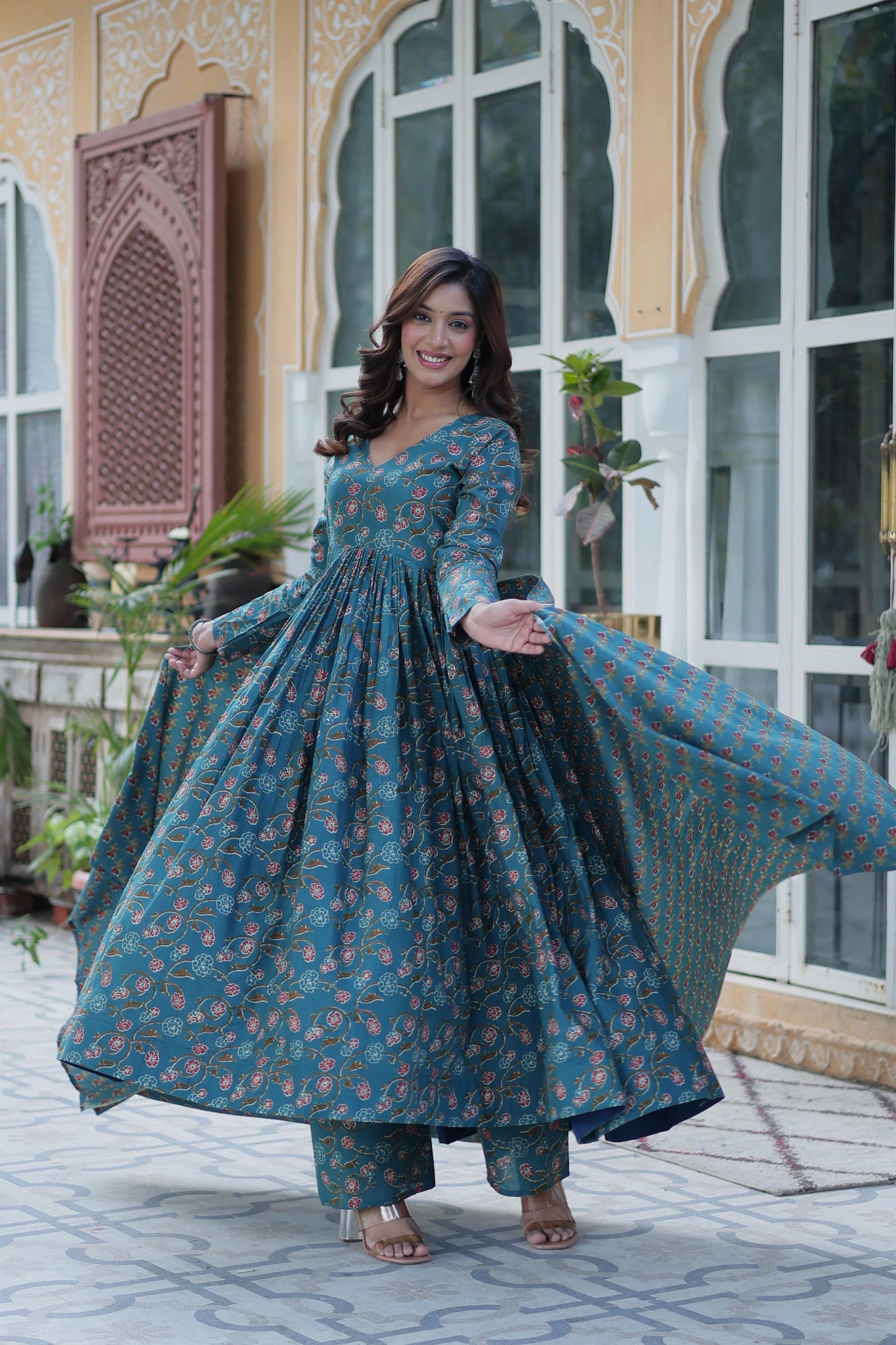 Delightful Sky Blue Color Pure Cotton Fancy V Neck Designer Anarkali Suit