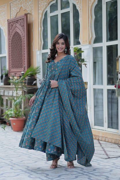 Delightful Sky Blue Color Pure Cotton Fancy V Neck Designer Anarkali Suit