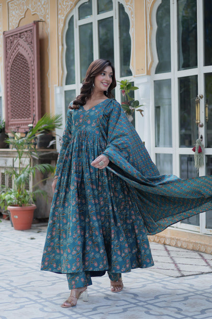 Delightful Sky Blue Color Pure Cotton Fancy V Neck Designer Anarkali Suit