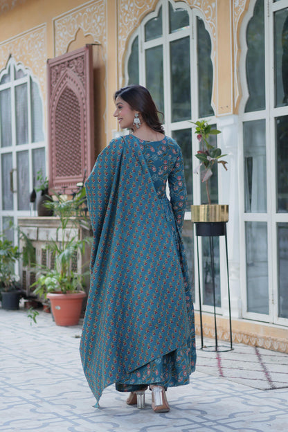 Delightful Sky Blue Color Pure Cotton Fancy V Neck Designer Anarkali Suit