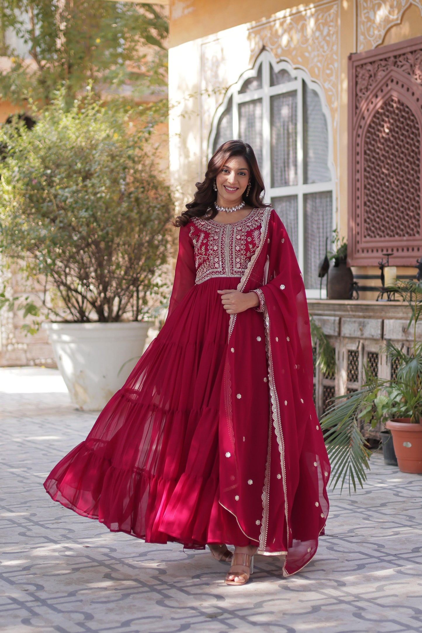 Eyes Catching Pink Color Faux Blooming Georgette With Attractive Embroidered Pearl Work Designer Gown