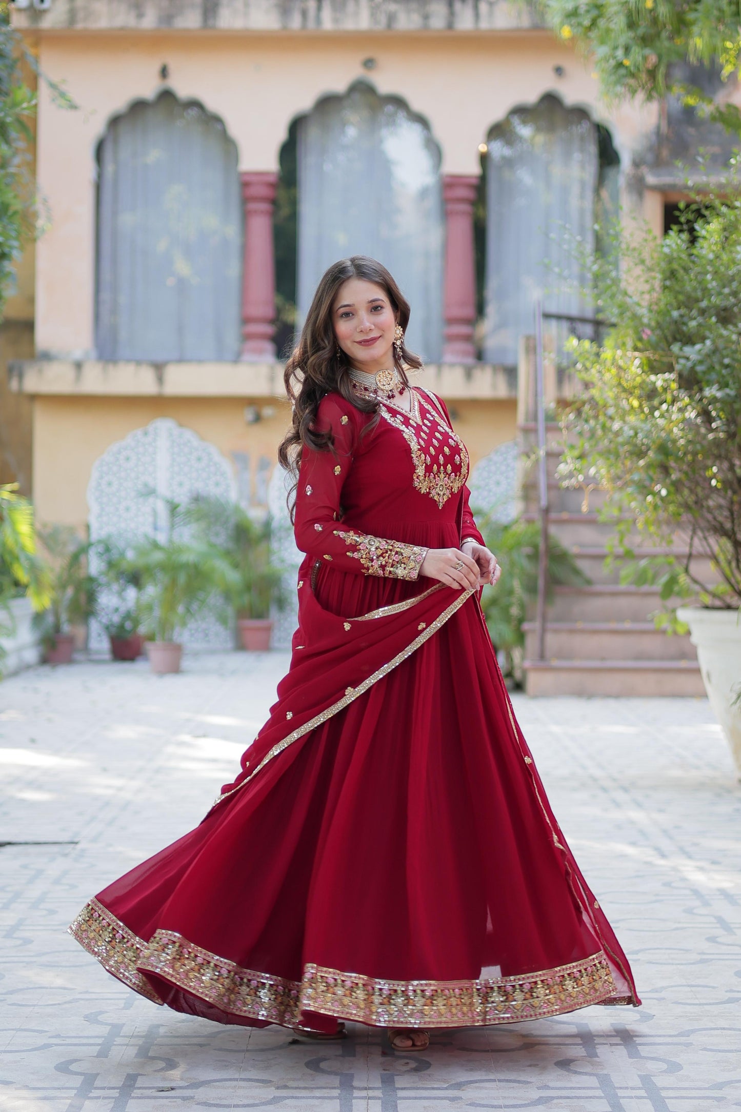 Admiring Maroon Color Faux Blooming Georgette With Rich Sequins Embroidered Work Designer Gown