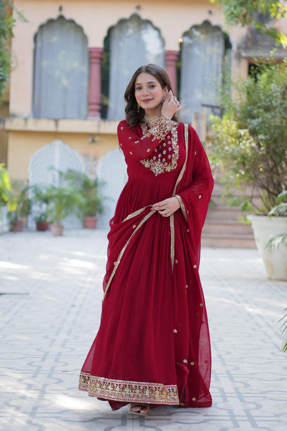 Admiring Maroon Color Faux Blooming Georgette With Rich Sequins Embroidered Work Designer Gown
