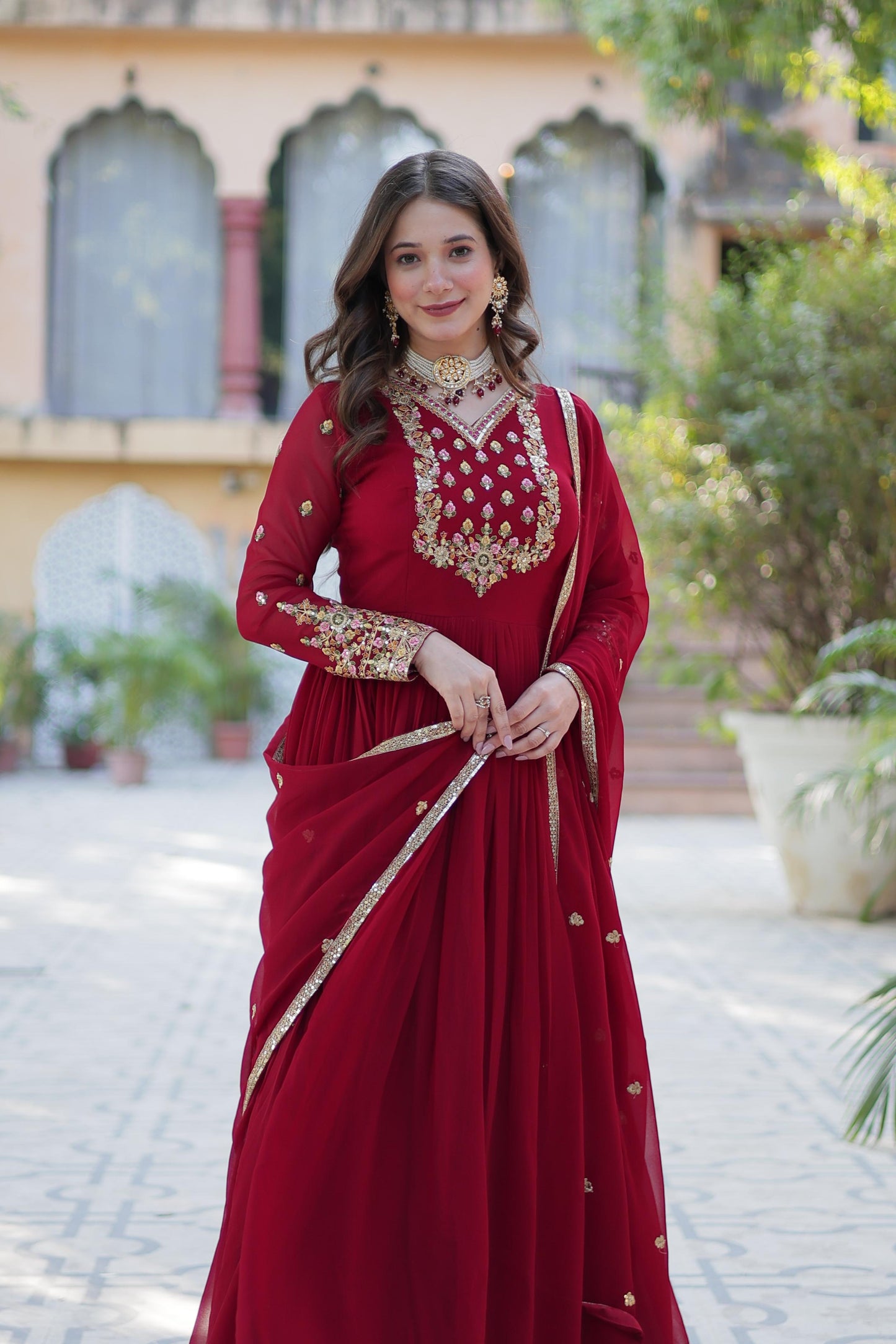 Admiring Maroon Color Faux Blooming Georgette With Rich Sequins Embroidered Work Designer Gown
