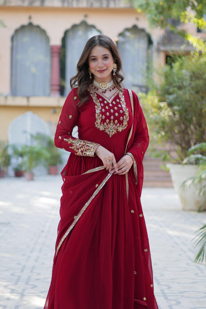 Admiring Maroon Color Faux Blooming Georgette With Rich Sequins Embroidered Work Designer Gown
