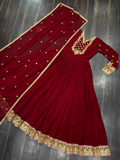 Admiring Maroon Color Faux Blooming Georgette With Rich Sequins Embroidered Work Designer Gown