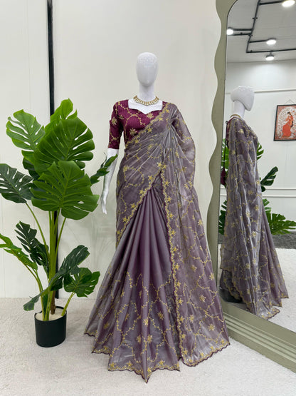 Ceremony Wear Purple Color Heavy Jimmy Chu And Thread With Sequence Work Saree