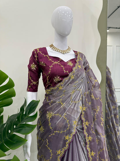 Ceremony Wear Purple Color Heavy Jimmy Chu And Thread With Sequence Work Saree