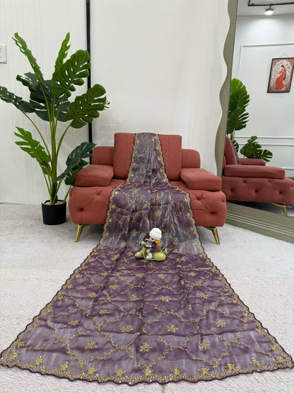 Ceremony Wear Purple Color Heavy Jimmy Chu And Thread With Sequence Work Saree