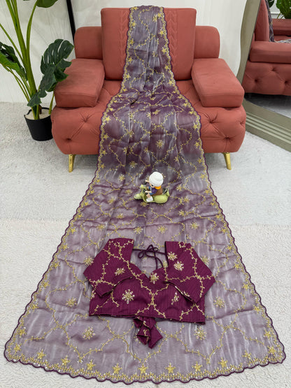 Ceremony Wear Purple Color Heavy Jimmy Chu And Thread With Sequence Work Saree