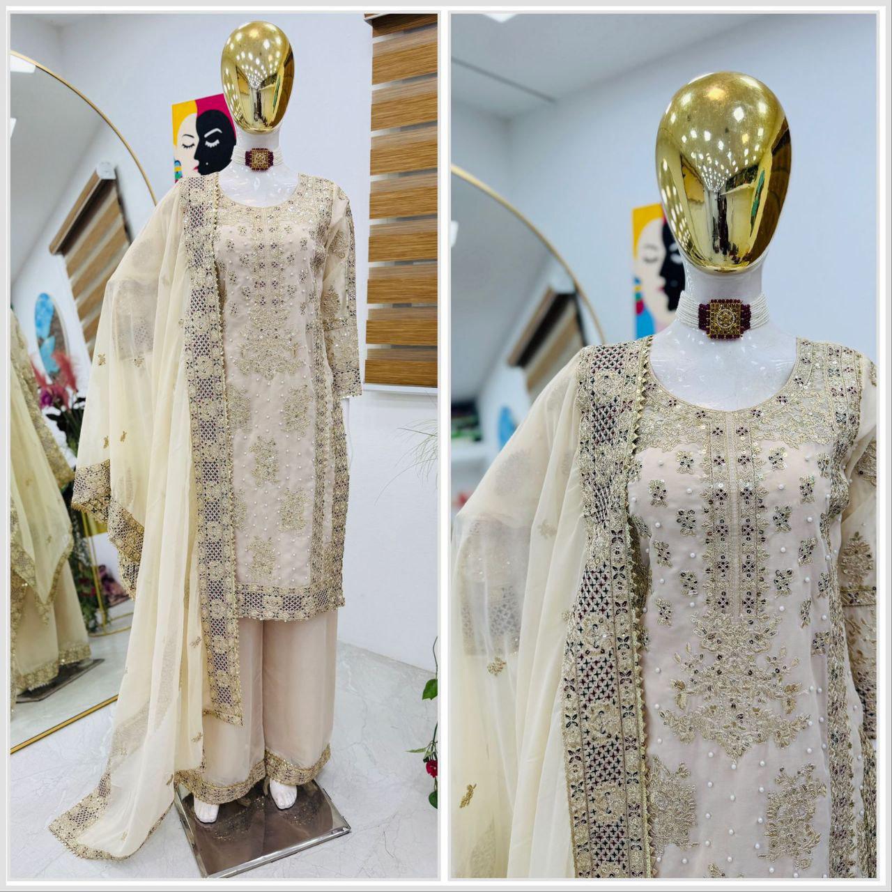Ceremony Wear Cream Color Heavy Fox Georgette With Codding Sequence Embroidery Work Salwar Suit