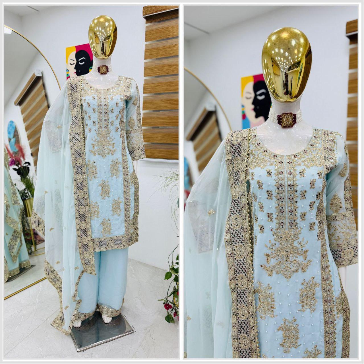 Ceremony Wear Sky Blue Color Heavy Fox Georgette With Codding Sequence Embroidery Work Salwar Suit