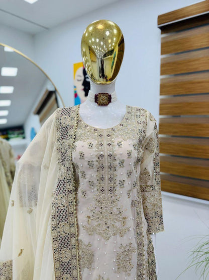 Ceremony Wear Cream Color Heavy Fox Georgette With Codding Sequence Embroidery Work Salwar Suit