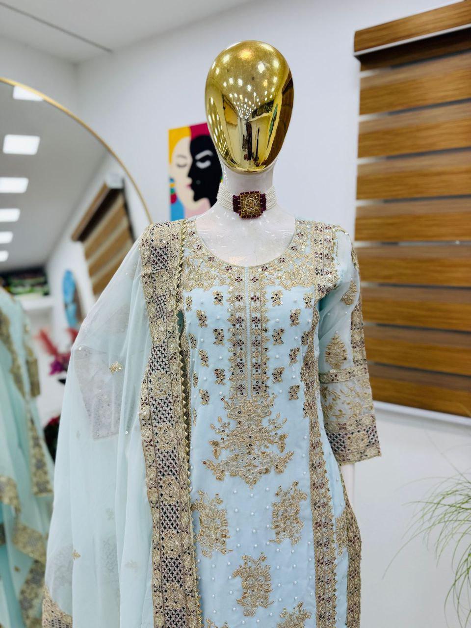 Ceremony Wear Sky Blue Color Heavy Fox Georgette With Codding Sequence Embroidery Work Salwar Suit